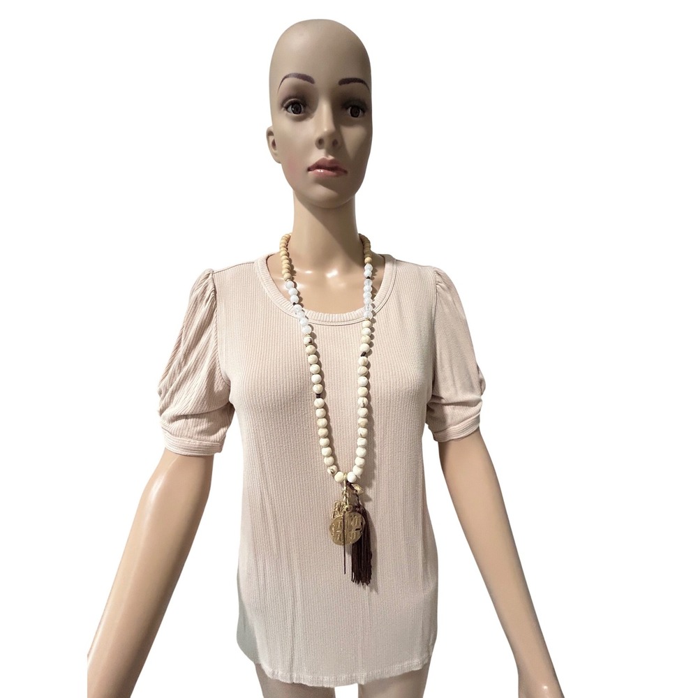 Loft Outlet Womens Beige Ribbed Puff Sleeve Knit Top Size‎ M RN140923